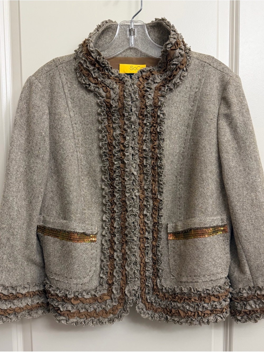 St. John Gray-Taupe Tweed Ruffle-Trim Blazer